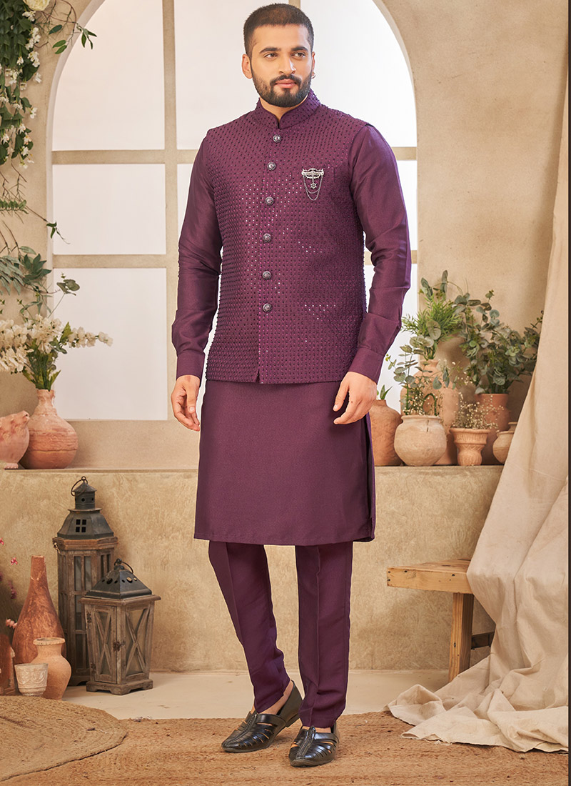 Wine Silk Embroidered Bandi Set Festive Wear