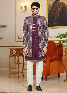 Wine Silk Embroidered Indowestern Sherwani