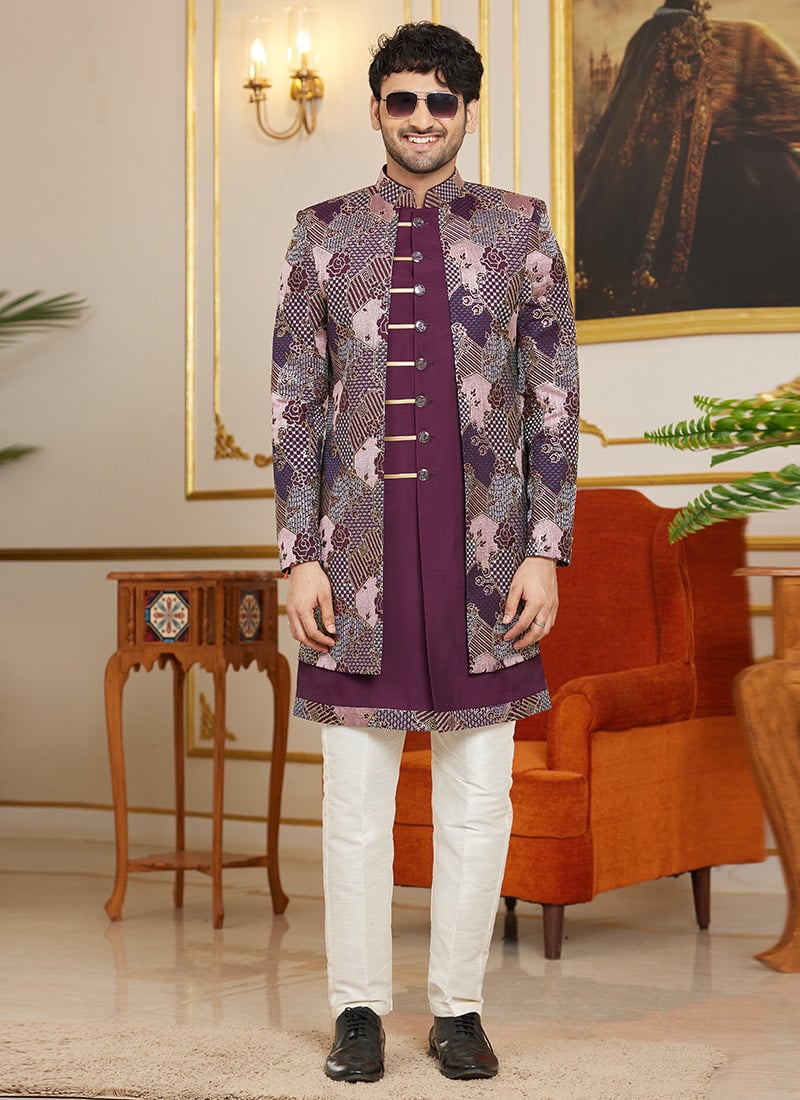 Wine Silk Embroidered Indowestern Sherwani Wedding Wear