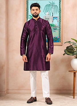 Wine Silk Embroidered Kurta Pyjama For Men