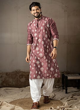 Wine Silk Embroidered Kurta Pyjama For Men