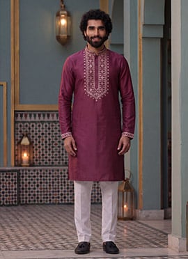 Wine Silk Embroidered Kurta Pyjama For Men
