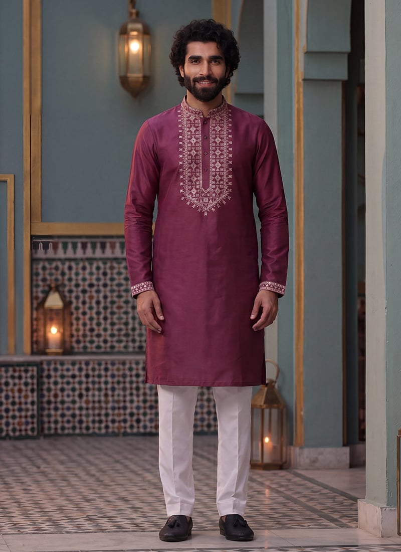 Wine Silk Embroidered Kurta Pyjama For Men Festive Wear