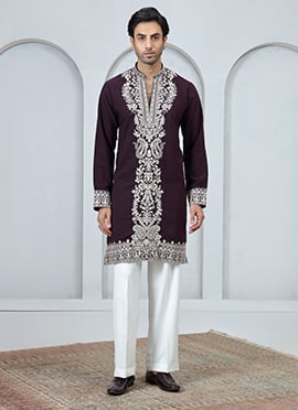 Wine Silk Embroidered Kurta Pyjama