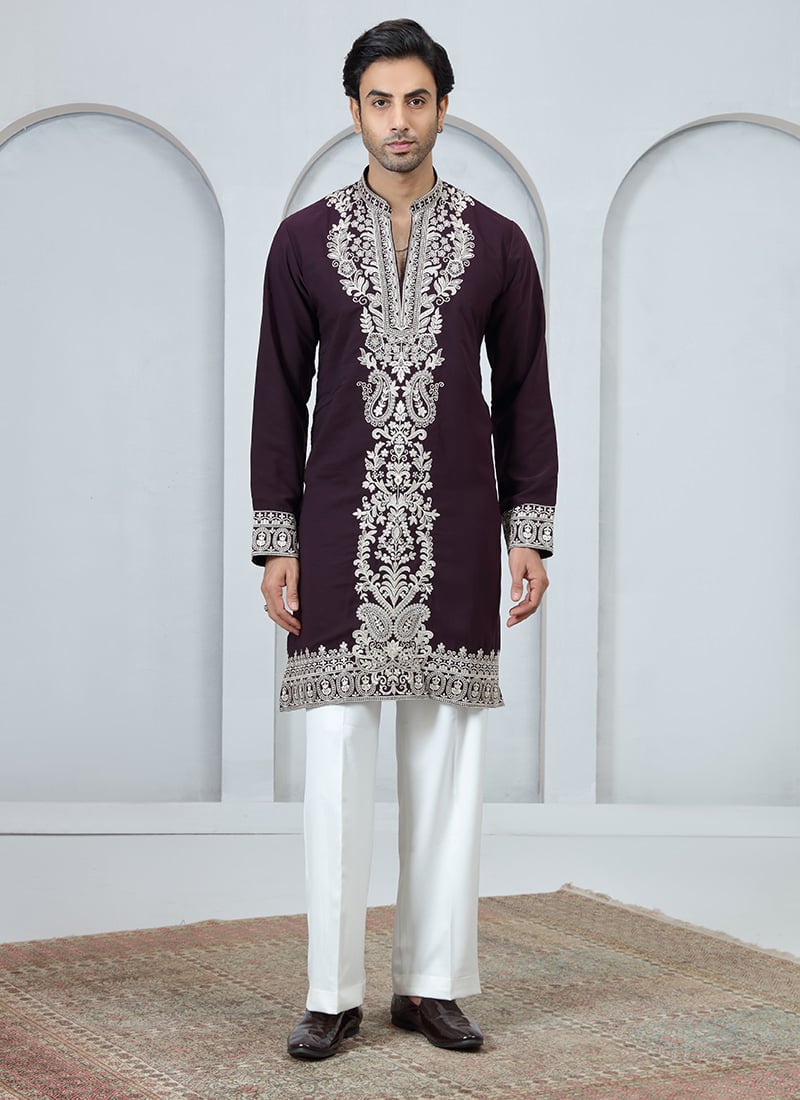 Wine Silk Embroidered Kurta Pyjama Festive Wear