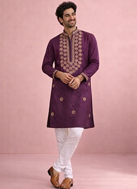 Wine Silk Embroidered Kurta Pyjama