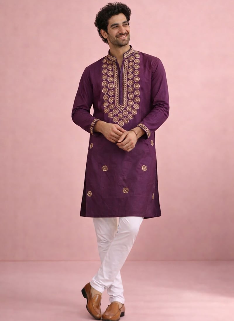 Wine Silk Embroidered Kurta Pyjama Festive Wear