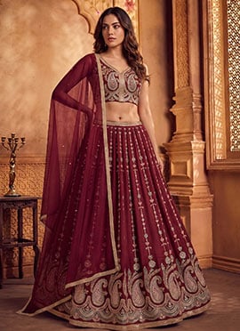 Wine Silk Embroidered Lehenga