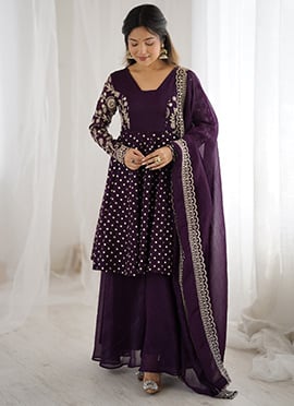 Wine Silk Embroidered Palazzo Suit