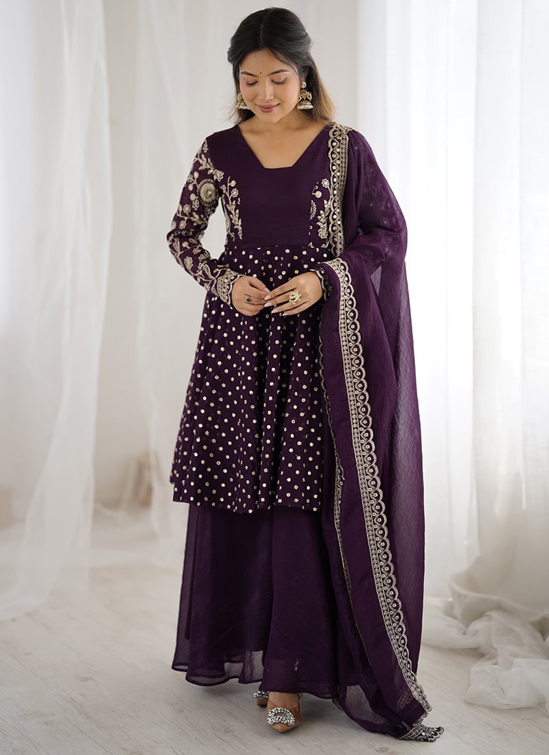 Wine Silk Embroidered Palazzo Suit Festive Wear