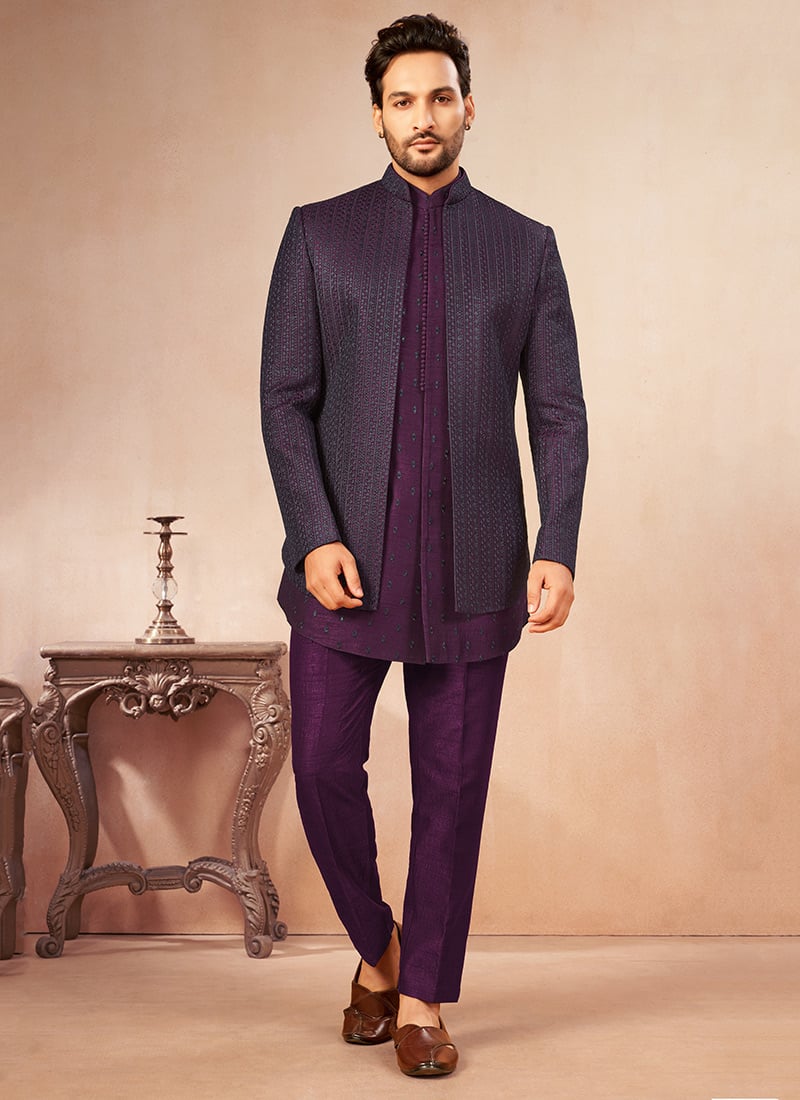 Wine Silk Embroidered Sequin Pattern Indo Western Sherwani Wedding Wear
