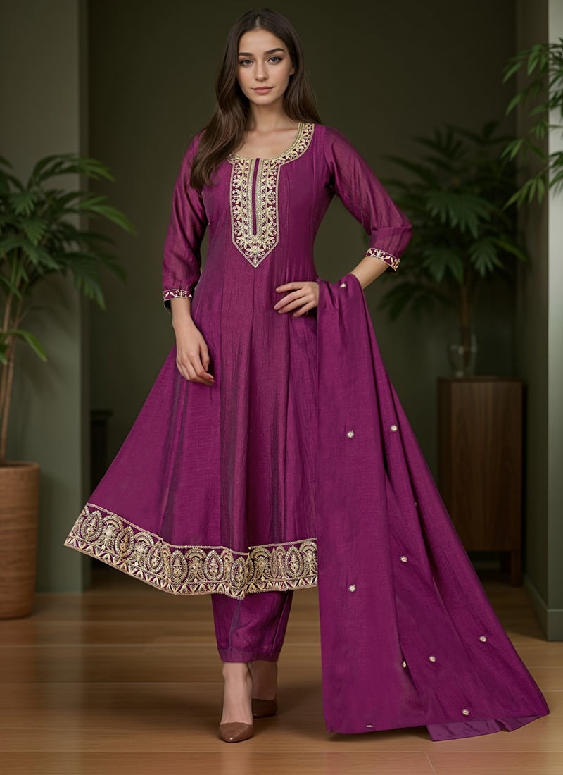 Wine Silk Embroidered Sequins A Line Straight Pant Suit Festive Wear