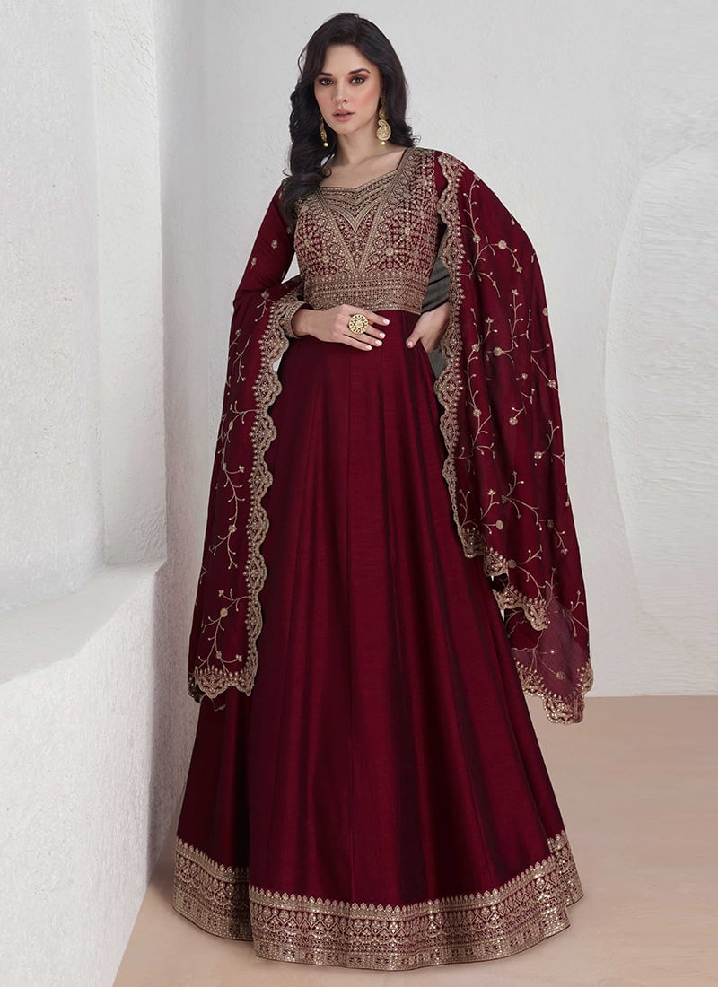 Wine Silk Embroidered Sequins Anarkali Gown Party Wear-BGWRSCC51039945