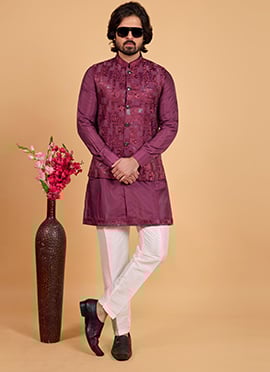 Wine Silk Embroidered Sequins Bandhgala Jacket