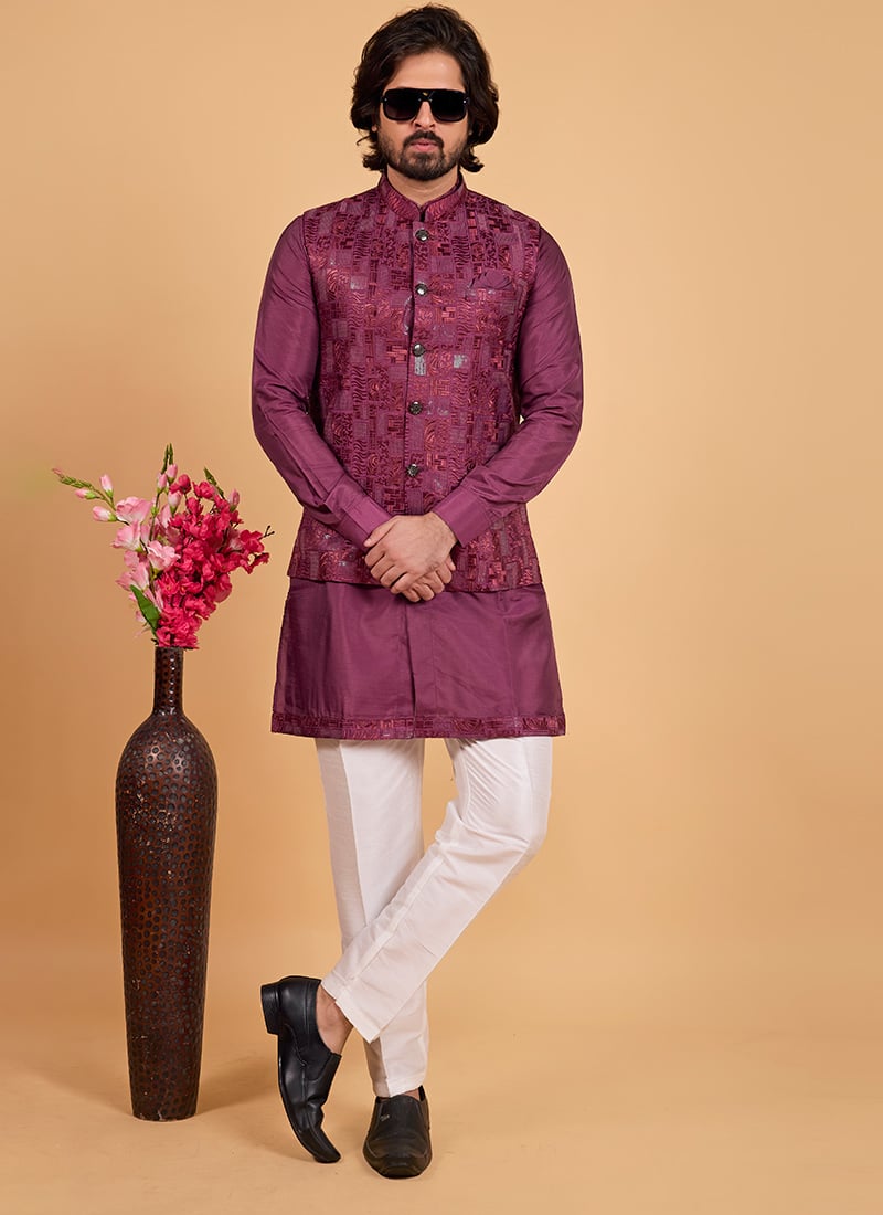 Wine Silk Embroidered Sequins Bandhgala Jacket