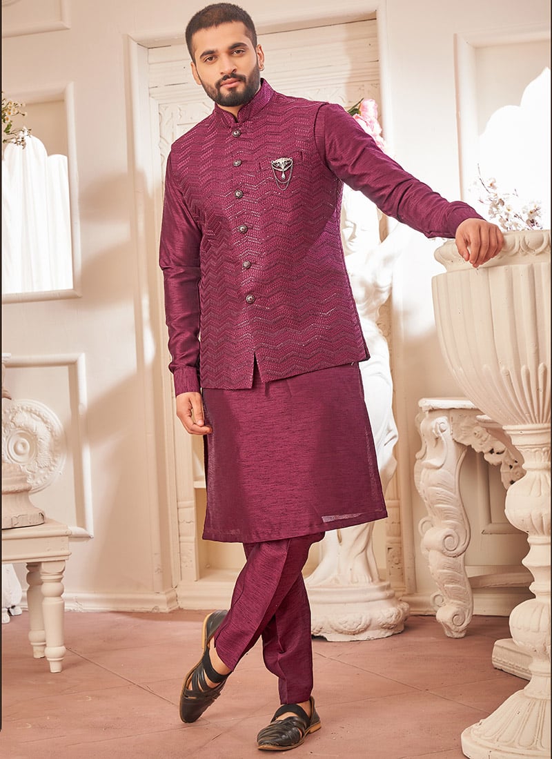 Wine Silk Embroidered Sequins Bandi Set Festive Wear