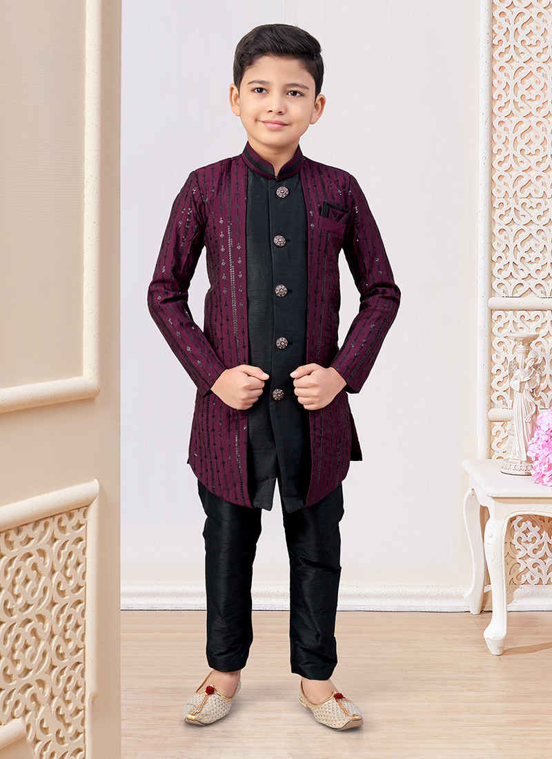 Wine Silk Embroidered Sequins Boys Indowestern Sherwani Wedding Wear