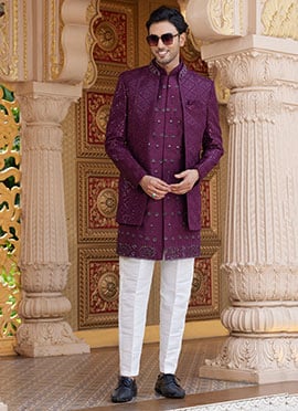 Wine Silk Embroidered Sequins Indowestern Sherwani
