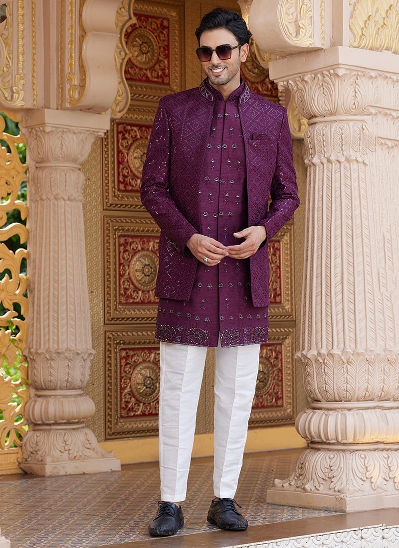 Wine Silk Embroidered Sequins Indowestern Sherwani