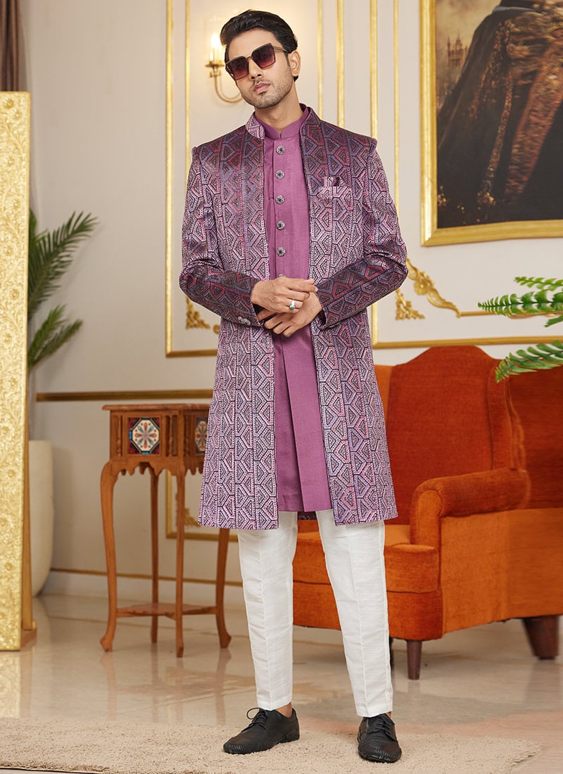 Wine Silk Embroidered Sequins Indowestern Sherwani Wedding Wear