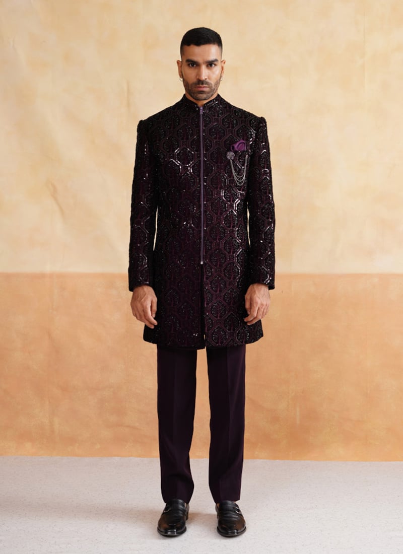Wine Silk Embroidered Sequins Indowestern Sherwani With Bead Work Wedding Wear