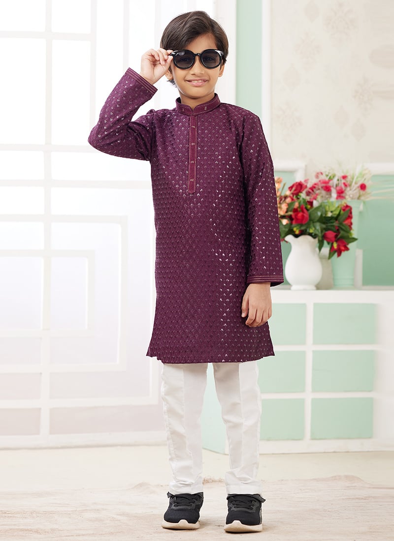 Wine Silk Embroidered Sequins Kids Boys Kurta Pyjama