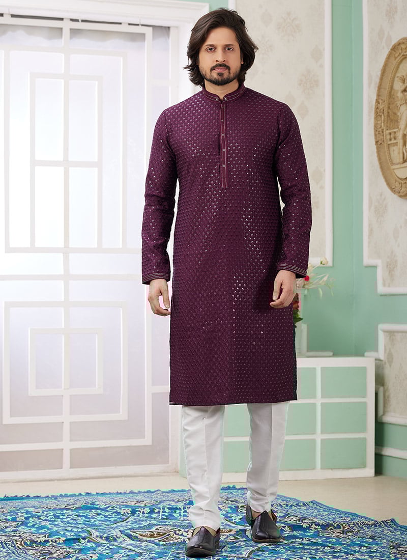 Wine Silk Embroidered Sequins Kurta Pyjama For Men Festive Wear