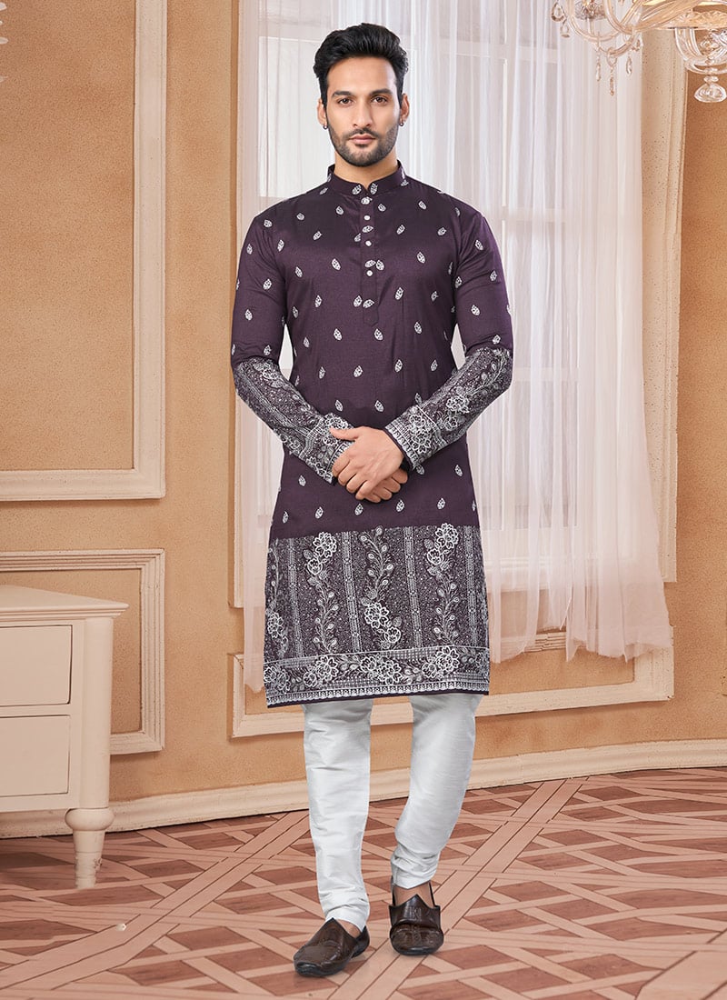 Wine Silk Embroidered Sequins Kurta Pyjama Festive Wear