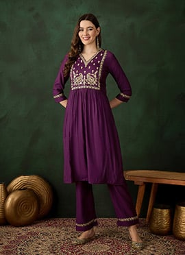 Wine Silk Embroidered Sequins Kurta Straight Pant Suit
