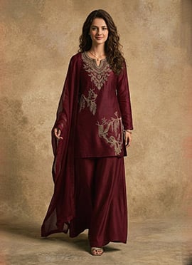 Wine Silk Embroidered Sequins Palazzo Suit