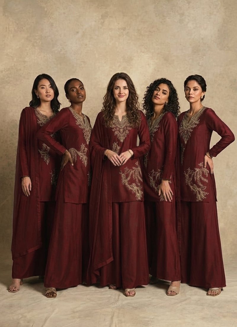 Wine Silk Embroidered Sequins Palazzo Suit Festive Wear