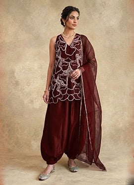 Wine Silk Embroidered Sequins Salwar Suit