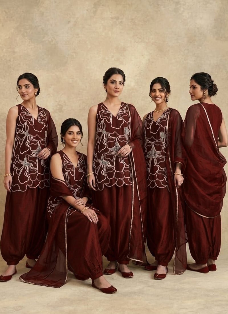 Wine Silk Embroidered Sequins Palazzo Suit After Six Wear