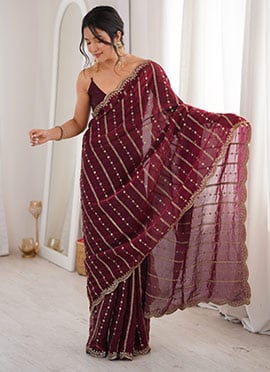 Wine Silk Embroidered Sequins Saree