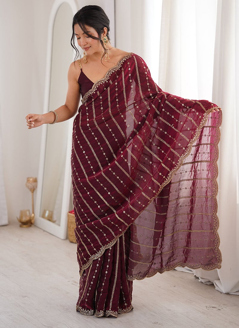 Wine Silk Embroidered Sequins Saree Party Wear