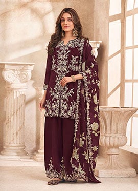 Wine Silk Embroidered Sequins Stone Work Palazzo Suit With Digital Print Dupatta