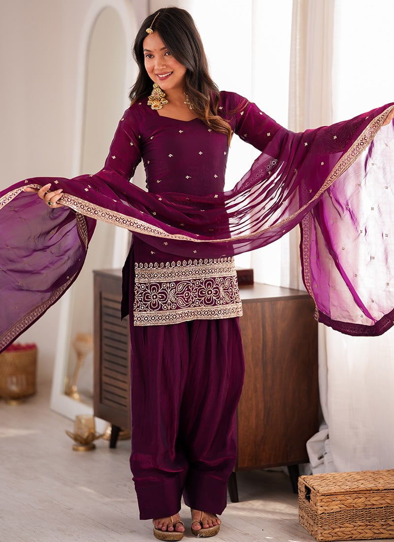 Wine Silk Embroidered Sequins Zari Farshit Suit Festive Wear