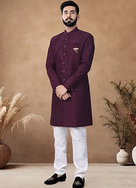 Wine Silk Embroidered Thread Classic Sherwani