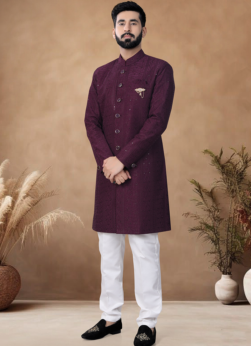 Wine Silk Embroidered Thread Classic Sherwani Wedding Wear