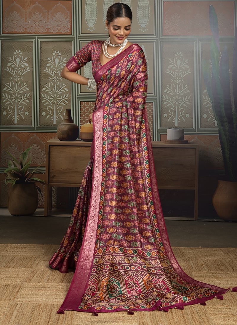 Wine Silk Floral Printed Saree Festive Wear