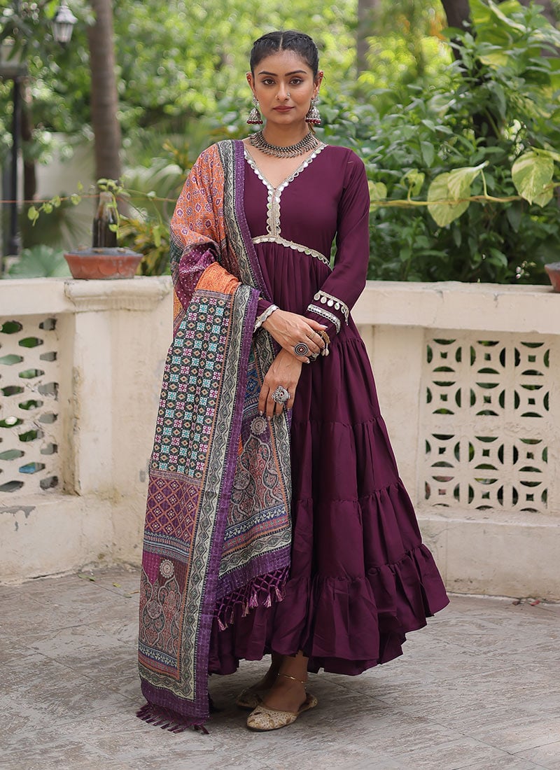 Wine Silk Foil Mirror Gota Work Anarkali Suit After Six Wear