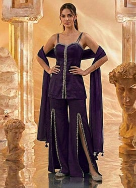 Purple Silk Hand Embroidered Cutdana With Stone Work Palazzo Suit