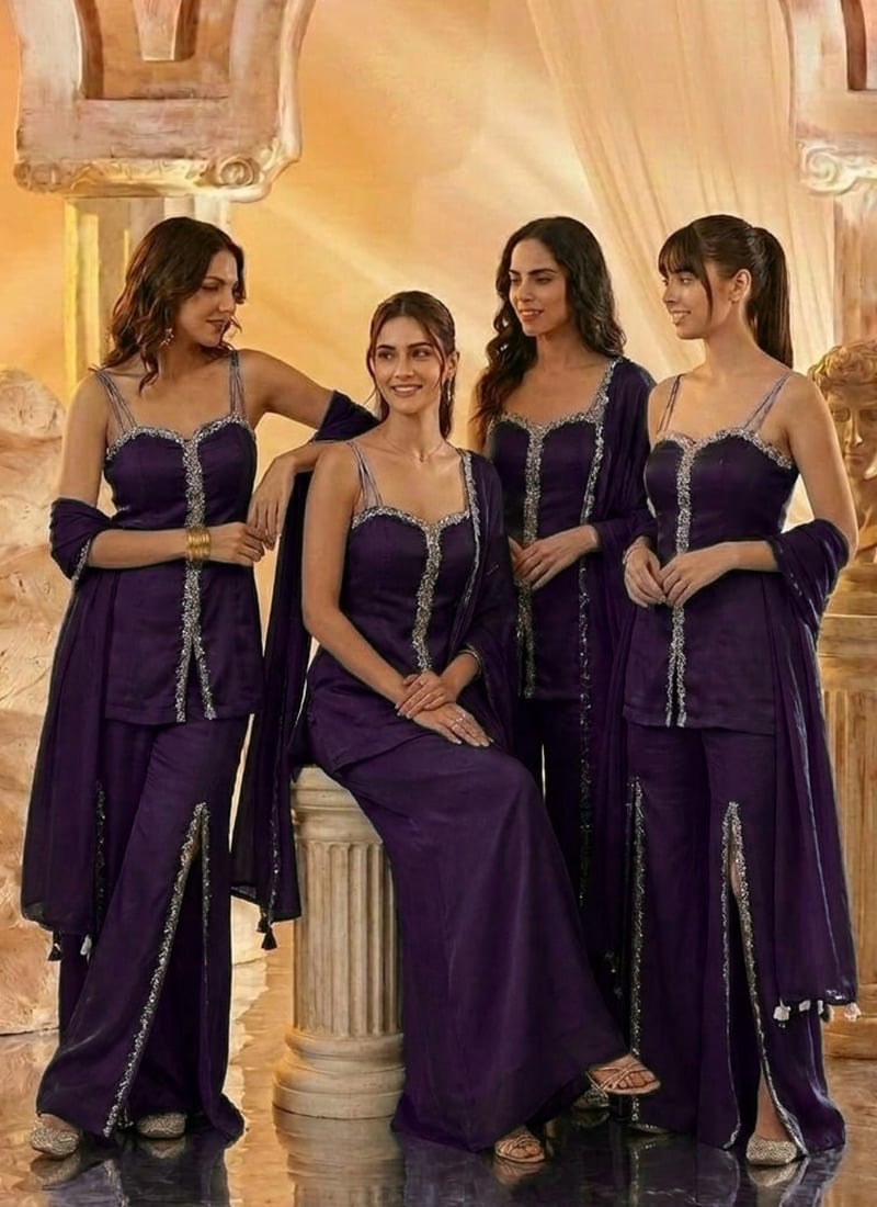 Purple Silk Hand Embroidered Cutdana With Stone Work Palazzo Suit After Six Wear