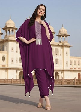 Wine Silk Hand Embroidered Indowestern Kaftan Set