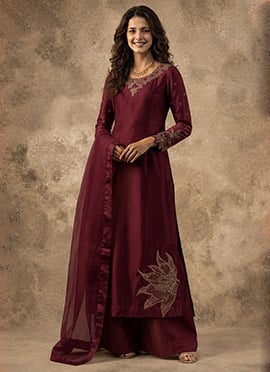 Wine Silk Hand Embroidered Stone Work Palazzo Suit