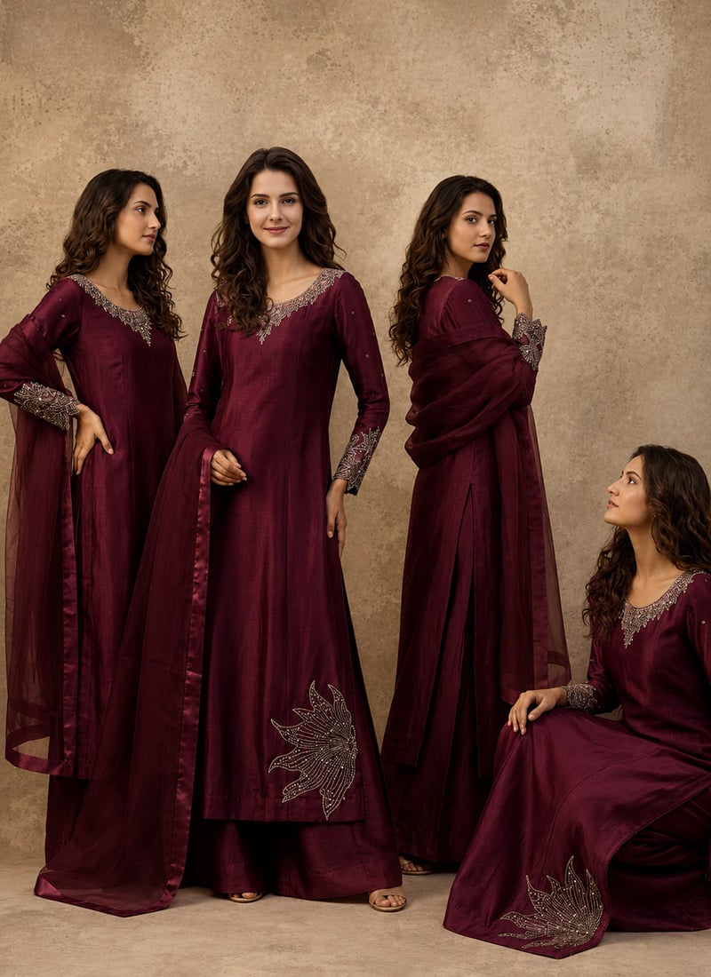 Wine Silk Hand Embroidered Stone Work Palazzo Suit After Six Wear