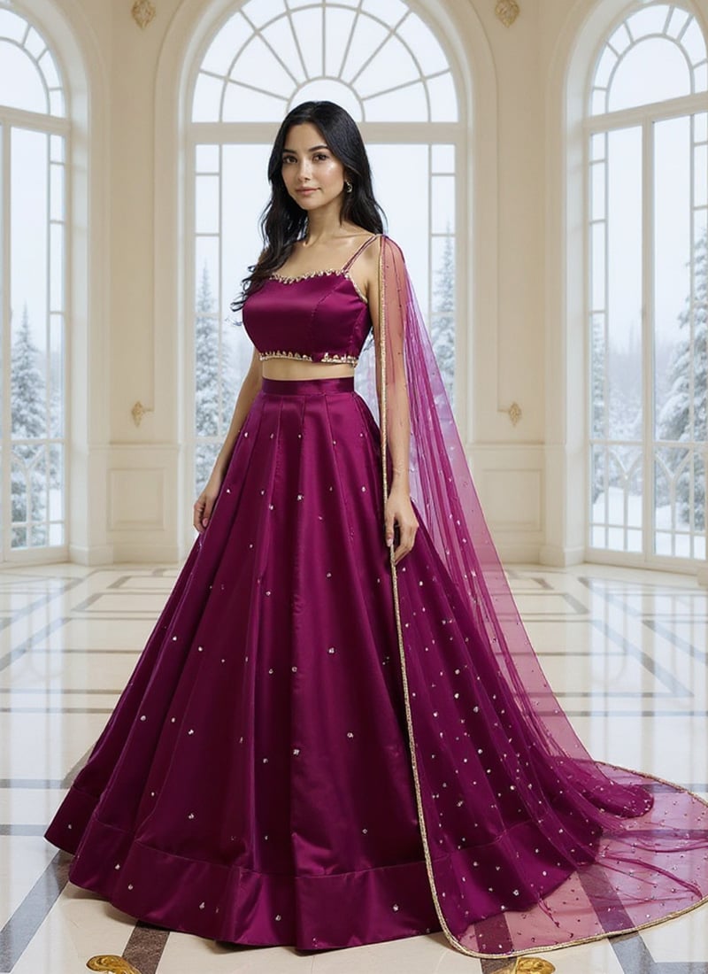 Wine Silk Hand Embroidered With Moti Work Lehenga  Wedding Wear