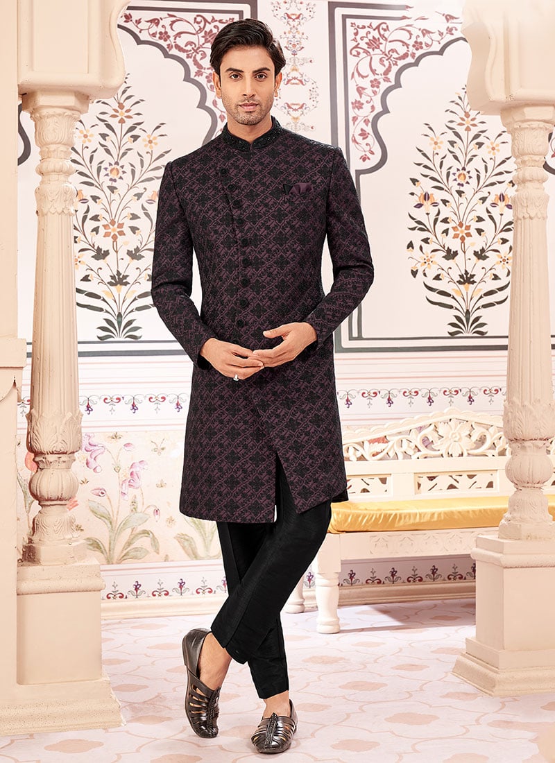 Wine Silk Hand Work Indowestern Sherwani