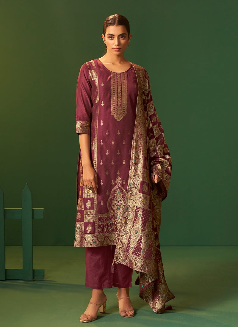Wine Silk Jacquard Straight Pant Suit After Six Wear
