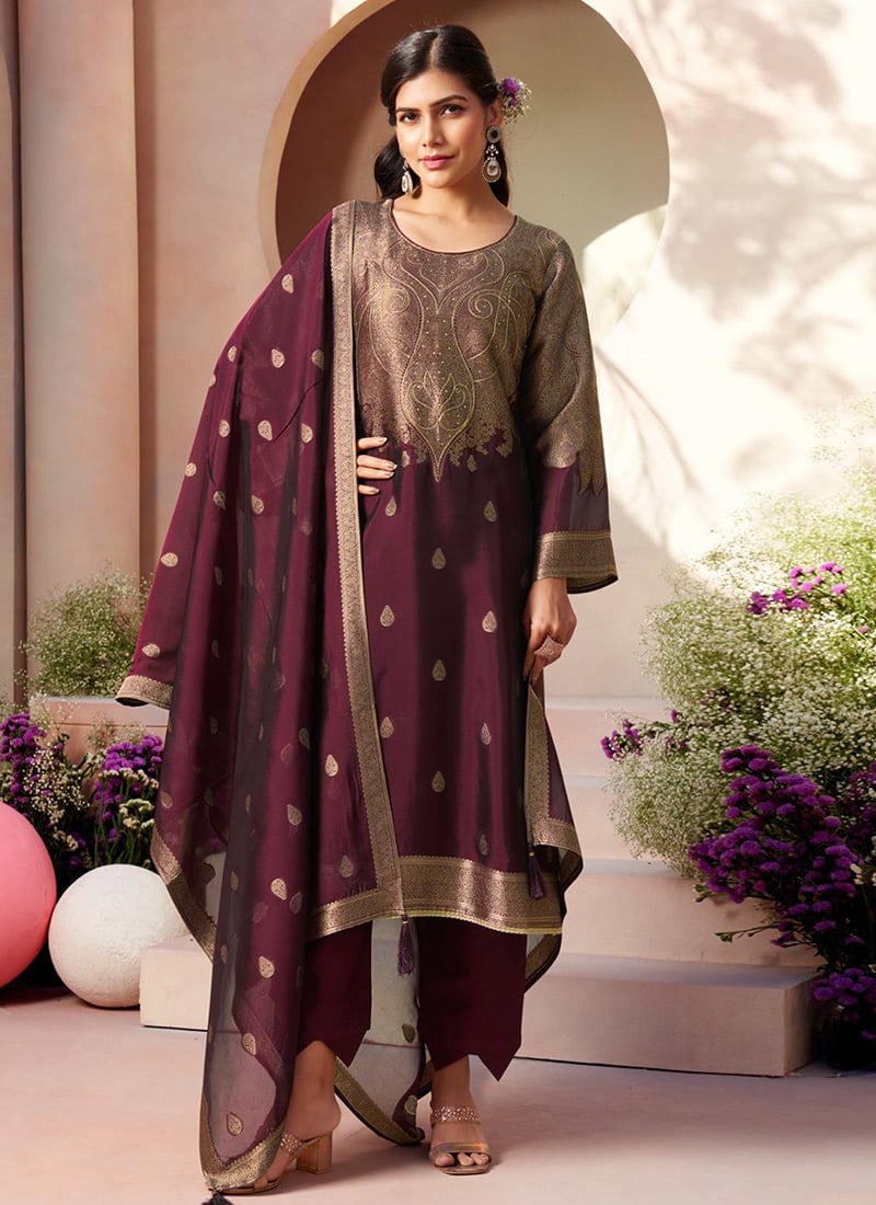 Wine Silk Jacquard Straight Pant Suit